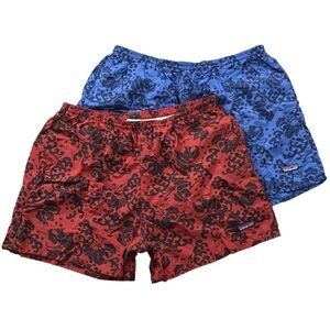 '06 PATAGONIA men's 2pc blue + red floral baggies 5" lined shorts, XL.